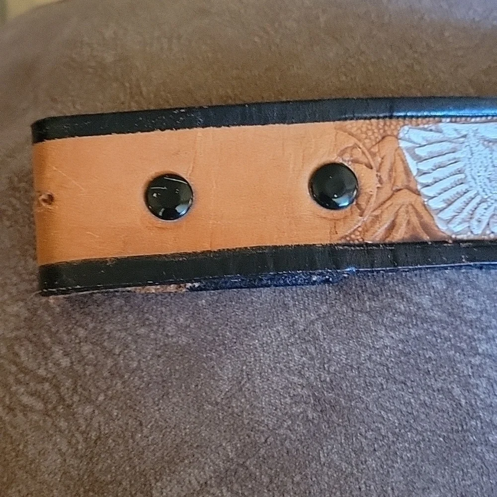 VTG 1970s Mexican Western Painted Eagle Pinwheel Leather NAME Belt Strap